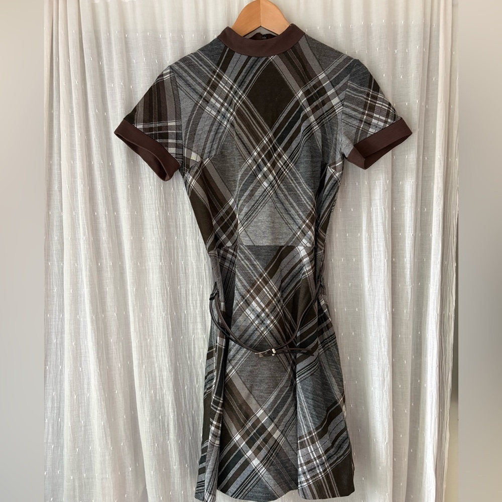 Plaid Short-Sleeve Midi Dress in Brown and Gray